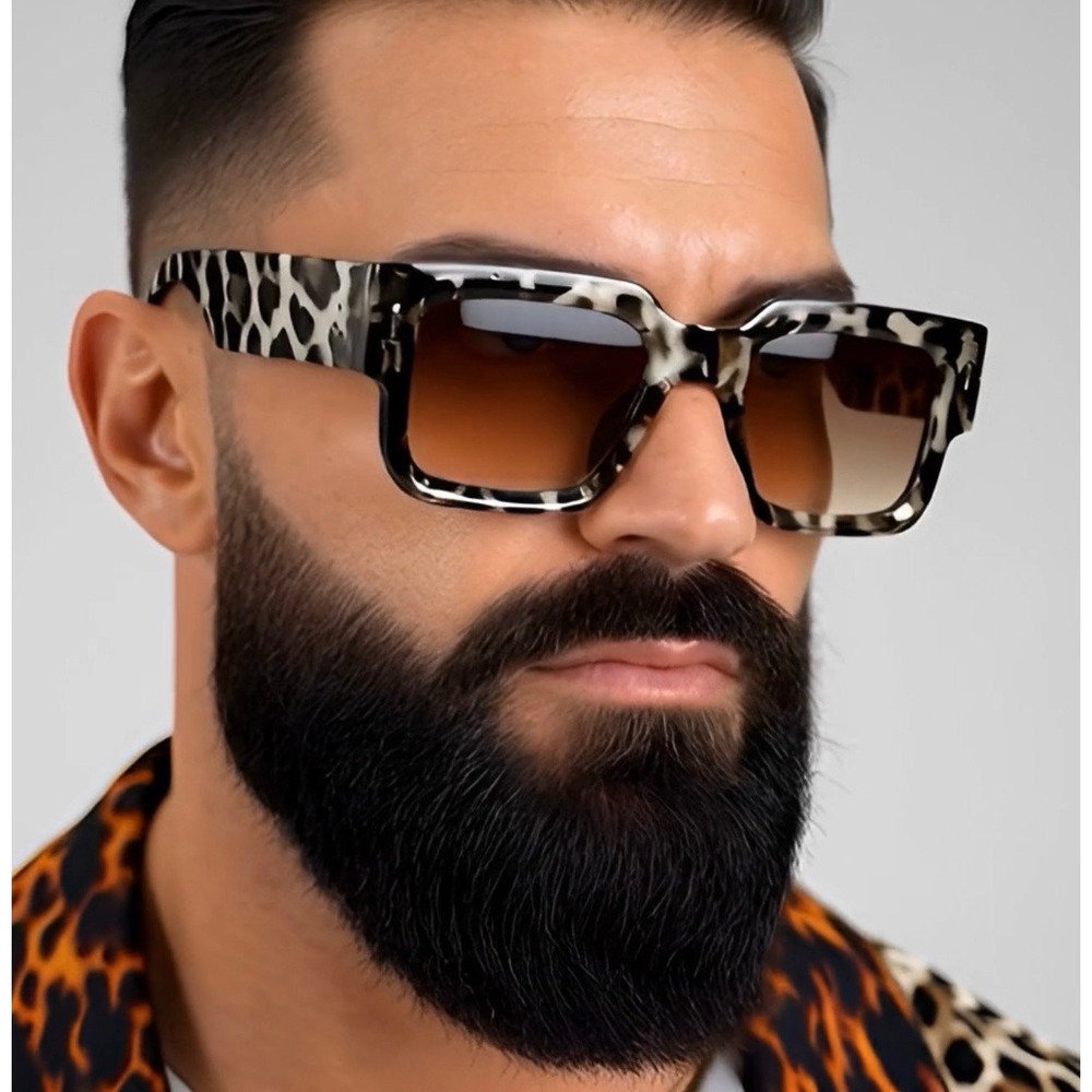 Mens Designer Inspired Square Frame Sunglasses Leopard Print Brown Gradient Lens